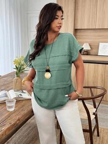 Blusa holgada de mujer talla grande con cuello redondo, mangas de murciélago y lunares en contraste, adecuada para uso diario y vacaciones, primavera/verano - Verde militar - Ver 5