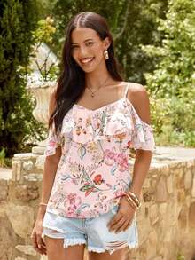 Blusa de mujer de gasa con hombros descubiertos, bajo con volantes y estampado, para primavera/verano y vacaciones - Rosa 2 - Ver 2