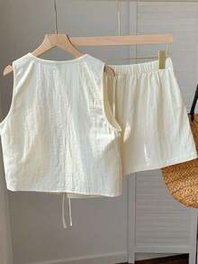 Conjunto de 2 piezas de estilo bohemio y veraniego con estampado floral blanco tejido - Blanco - Ver 2