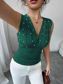 Camiseta de mujer elegante y romántica con perlas beige - Verde Oscuro - Ver 6