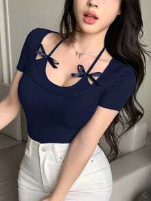 Camiseta de manga corta de ajuste ceñido, casual y sexy con decoración de lazo en el cuello halter para mujer - Azul marino - Ver 6