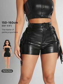 Shorts Ajustados De Patchwork Con Flecos De Pu - Negro - Ver 9