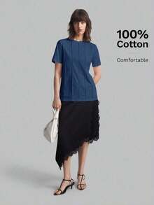 2026 Primavera/Verano Camiseta casual de mujer de manga corta con diseño de rayas de unicolor y cuello redondo, adecuada para el estilo casual urbano, la moda minimalista, el transporte urbano, la sencillez elegante, el Día del Maestro, la tela de p - Azul marino - Ver 7