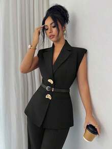 Conjunto de blazer de unicolor con decoración de hebilla metálica y bolsillo falso + pantalones rectos de cintura alta y sueltos, estilo vintage francés elegante para oficina, viajes, negocios, casual, citas, primavera/verano - Negro - Ver 4