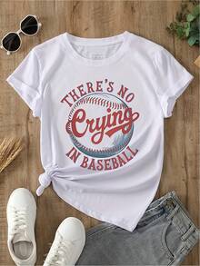 Camiseta casual de béisbol para mujer con la frase "No crying on the baseball field", de corte holgado y transpirable, con estampado azul, manga corta y cuello redondo, adecuada para competiciones de espíritu de equipo y uso diario casual, ropa para fiestas de adultos, atuendo para celebraciones de temporada, estampados divertidos de temporada, calidad de impresión duradera, ropa de temporada, camisetas de algodón para mujer. - Blanco - Ver 6