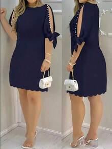 Vestido de mujer con estampado floral, mangas abiertas y adornos de perlas, adecuado para vacaciones, uso casual, diario y diversas reuniones elegantes de verano - Azul - Ver 1