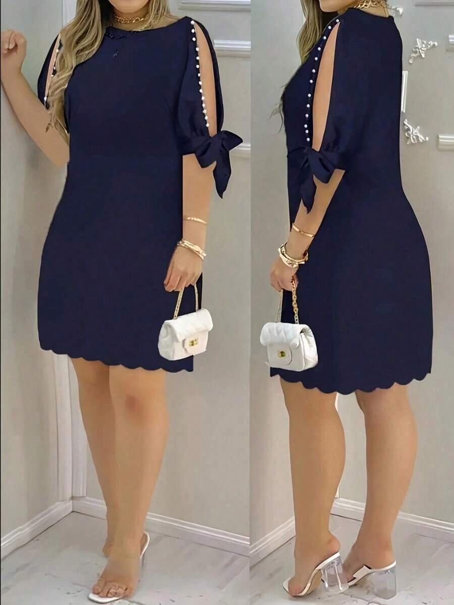 Vestido de mujer con estampado floral, mangas abiertas y adornos de perlas, adecuado para vacaciones, uso casual, diario y diversas reuniones elegantes de verano - Azul - Ver 1