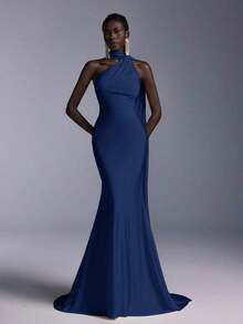 Vestido largo de sirena con espalda abierta y ajustado, de estilo minimalista, adecuado para asistir a fiestas formales, reuniones y galas formales de damas - Azul marino - Ver 5