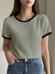 Camiseta básica de mujer de manga corta y cuello redondo, color liso, top de verano - Verde - Ver 1