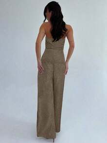 Conjunto de 2 piezas para mujer con top bandeau con botones metálicos elegantes y minimalistas, y pantalones anchos de talle alto en caqui, adecuado para la oficina, el ocio y las vacaciones - Marrón Mocha - Ver 2