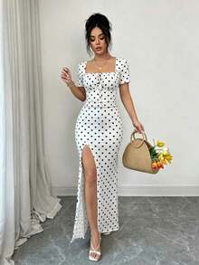 Vestido de verano de manga corta para mujer, vestido de vacaciones con estampado digital, vestido de playa y vacaciones con bajo con abertura, vestido largo con fruncido en la cintura - Rosa - Ver 10