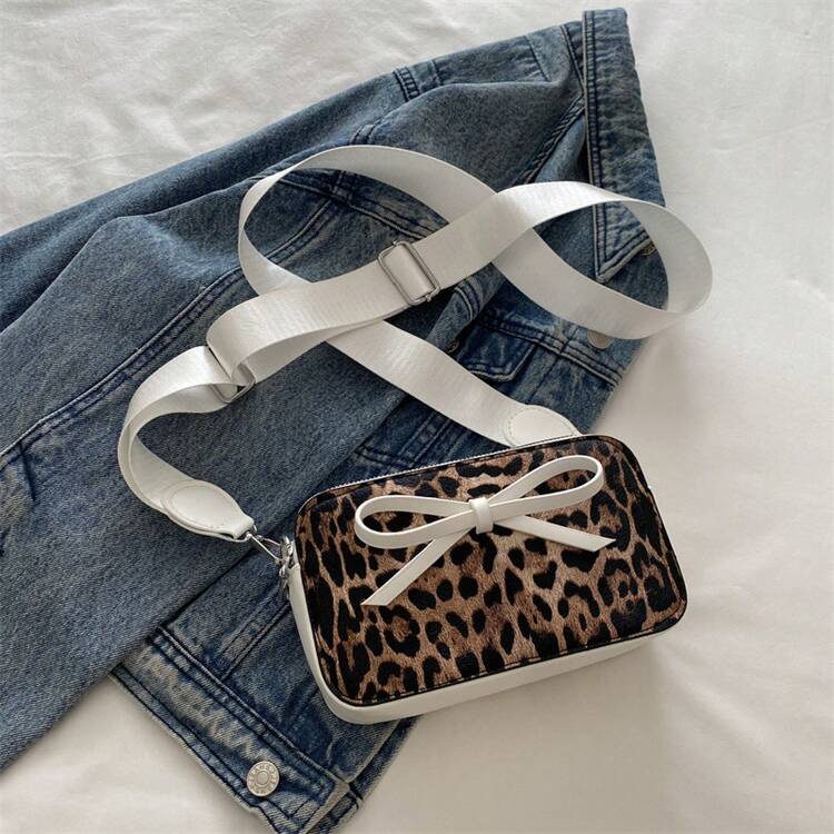 Women's Leopard Print Crossbody Bag Fashion Bow Knot Design PU Leather Small Square Shoulder Bag Vintage Messenger Bag With Adjustable Strap - 棕色 - 查看 8