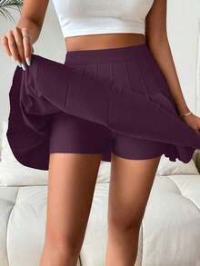Falda pantalón casual de talle alto con pliegues y rayas para mujer - Morado - Ver 7