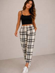 Pantalón Corto pierna recta Cuadros Dama Mujer Casual de Uso Diario Con Bolsas y Cintura Ajustable - Hueso - Ver 2