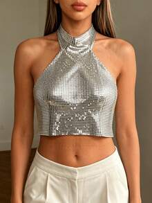 Metallic Halter Tops For Women Metal Chain Backless Vest Summer Shimmer Going Out Tank Tops For Streetwear - Silver-gray - View 5