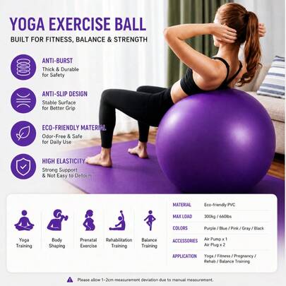 Pelota de yoga anti-explosión premium de 25 cm - Mejora la gimnasia, la recuperación posparto y el entrenamiento de acondicionamiento físico de la fuerza del núcleo, la flexibilidad y el equilibrio - Diseño grueso, duradero y anti-explosión para una experiencia de entrenamiento
