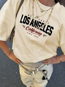 Women's Short-Sleeved T-Shirt, Casual Summer Style, With Los Angeles Slogan Print, Loose And Versatile, With Round Neck, Ideal For Everyday Wear And Holidays. - 白色 - 查看 12