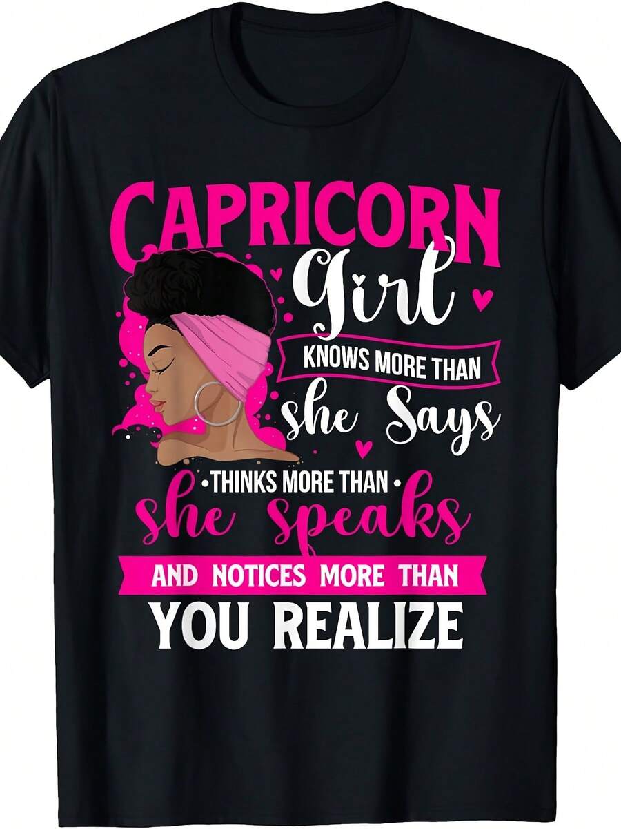 Camiseta Estampada para Mujer - Camiseta Casual de Manga Corta y Cuello Redondo en Negro con Gráfico de Chica Capricornio y Texto - Corte Relajado para Todas las Estaciones, Perfecta para Uso Diario y Atuendos de Vacaciones (Lavable aáquina). - Blanco - Ver 1