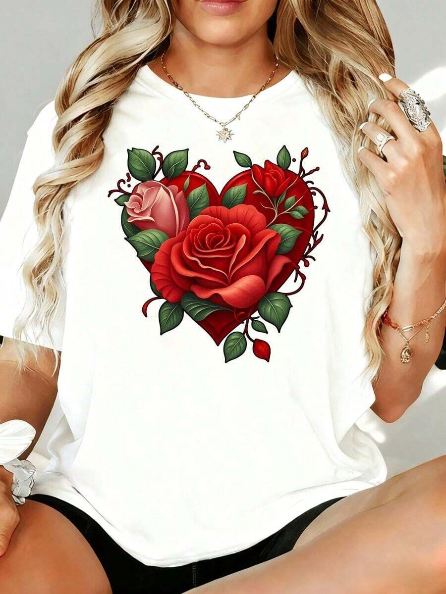 Camiseta Casual para Mujer con Estampado de Corazón y Rosa, Corte Holgado, Manga Corta, Diseño Gráfico, 220g, para Ocio, Hogar, Aire Libre, Regalo para el Día de San Valentín, 100% Algodón, Duradera - Blanco - Ver 1