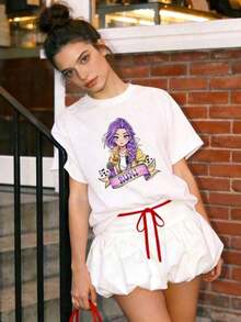 Ropa de verano para mujer, camiseta de algodón suave y casual con cuello redondo, estampado de anime con chica bidimensional, nota musical y la letra RUMI.Suitable for spring, summer and autumn - Blanco - Ver 5