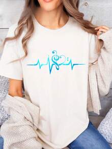 Comfortable And Cozy Women's T-Shirt, Soft And Breathable, With A Print Of Musical Notes And Heartbeats, Short Sleeves, Round Neck, Casual Style For Summer And Spring - White With Blue Print, Comfortable Fit T-Shirt, New Summer Fashion, Holiday Gift, Soft And Relaxed Home Wear. - 白色 - 查看 11