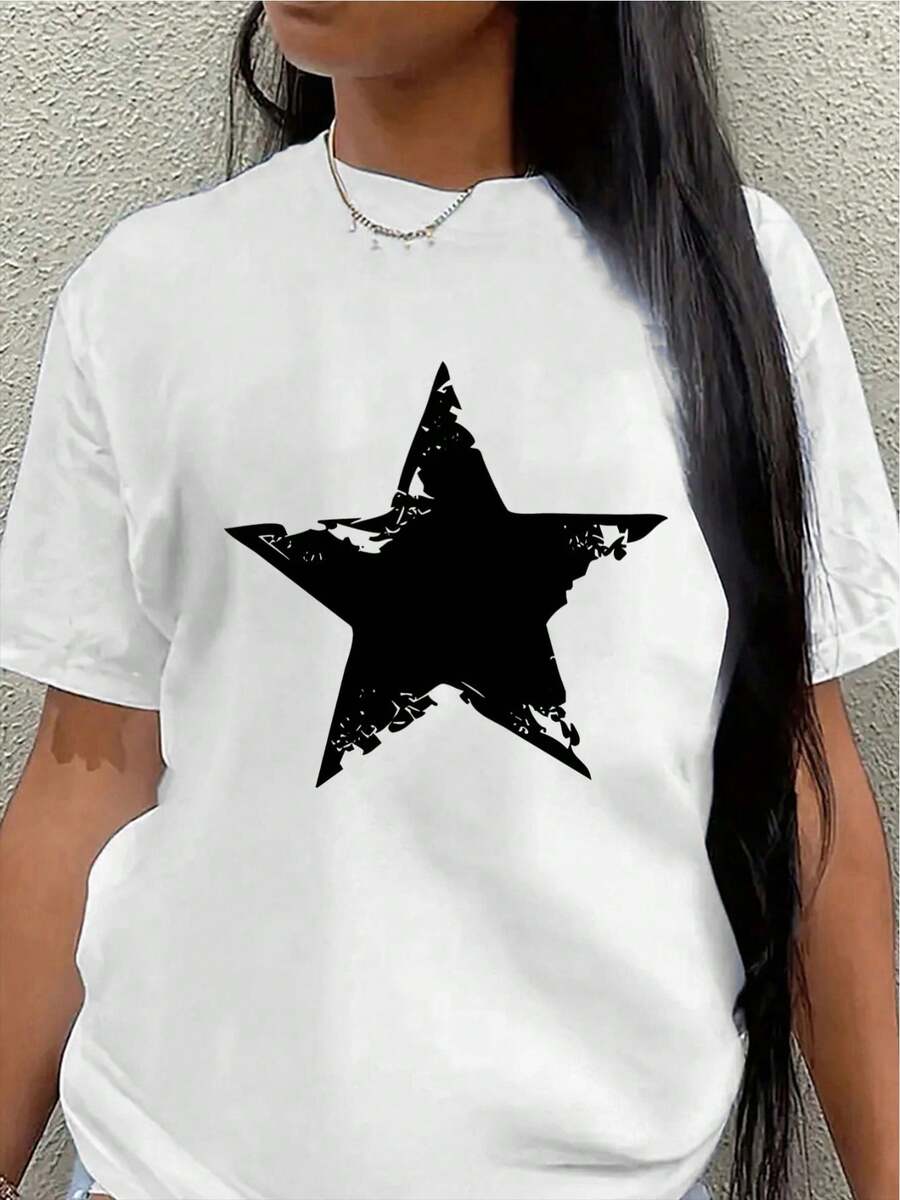 This Lightweight And Durable Short-Sleeved T-Shirt With A Star Design Is Perfect For Casual Outings, Outdoor Activities, Or Everyday Wear. It Offers A Comfortable Fit For Adults And Is Suitable For Lounging At Home, Dining Out, Or Streetwear. - 白色 - 查看 1