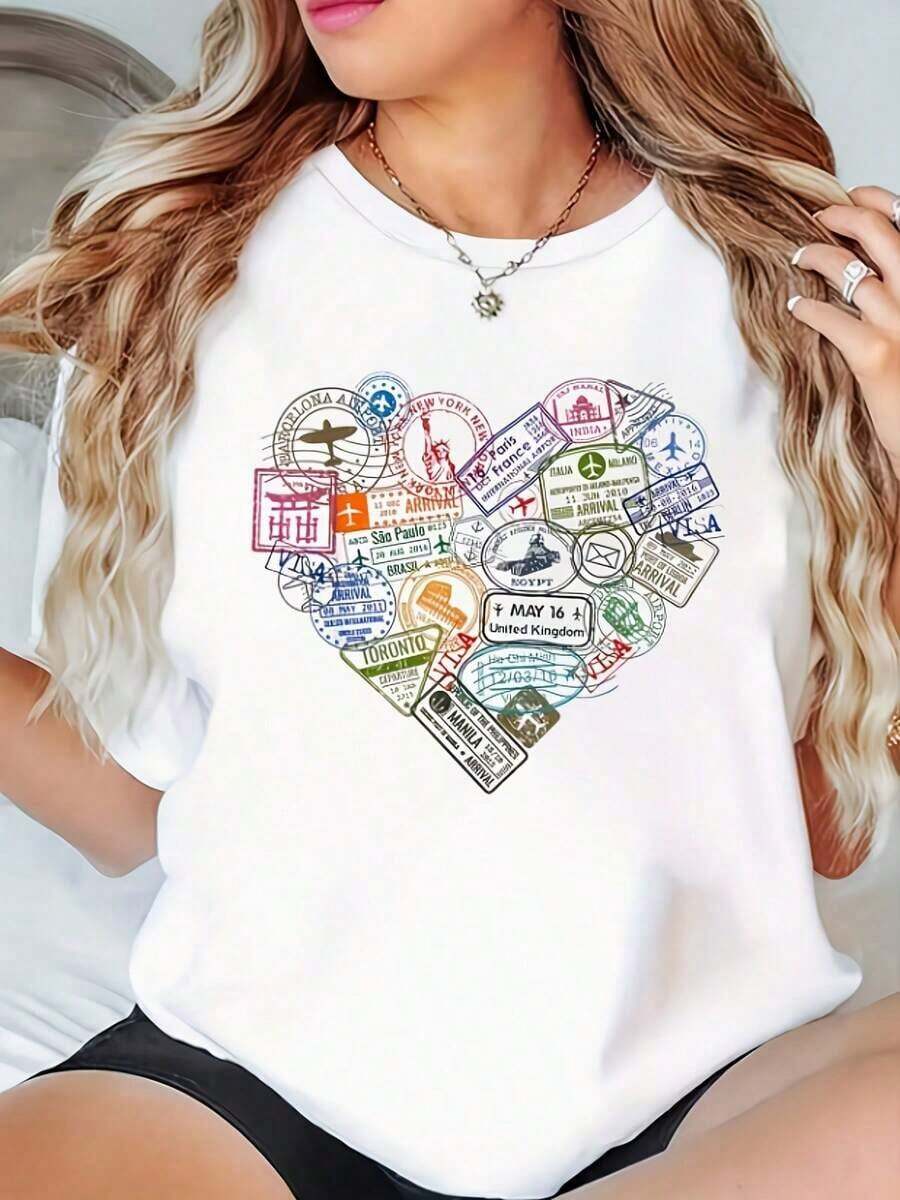 1 pieza Blusa de manga corta para mujer con estampado de sello de pasaporte - Diseño de sello de pasaporte y letras, lavable a máquina, cuello redondo, camisa casual adecuada para atuendos con temática de viajes, vestimenta informal, - Esencial para el guardarropa, 180g Algodón 100%. - Blanco - Ver 1