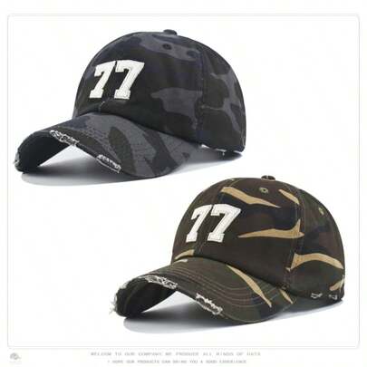 Men Women Y2K Retro Ripped Camo Baseball Hat, Number 77 Patch Destroyed Brim Soft Top Vintage Washed Cotton Adjustable Back Strap, Casual Daily Outdoor Sports Dad Cap