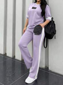 女款新款圓領短袖T恤與鬆緊腰寬鬆長褲2件套，休閒日常穿著，春夏秋優雅風格 - 淺紫190+白 - 查看 6