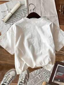 Camiseta Casual de Moda para Mujer, Primavera/Verano, con Estampado de Letras y Lazos Estilo Cartoon, Cuello Redondo, Manga Corta - Blanco - Ver 2