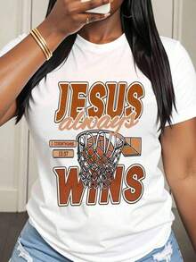 Camiseta de Baloncesto 'Jesús Siempre Gana' con Versículo Bíblico 1 Corintios 15:57, Diseño Inspirado en Fe Cristiana y Deportes para Mujeres, Hombres y Adolescentes, Ropa Casual, Regalo para Eventos de Iglesia y Festividades Religiosas - Blanco - Ver 6