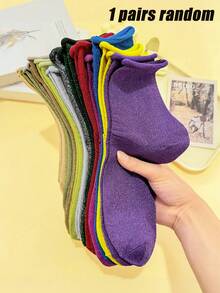 1/6/10 Pairs Random Women Socks, Solid Color Cuffed Design With Metallic Glitter, Sexy Mid-Calf Socks, Suitable For All Seasons - Multicolor - View 15