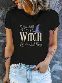 1 Women's Casual Short Sleeve T-Shirt For Halloween, 100% Thick Cotton - Comfortable Round Neck, Soft And Cute T-Shirt, 180g 100% Cotton. - 黑色 - 查看 3