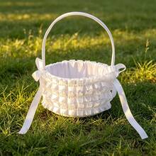 Wedding Flower Girl Baskets With Pearl Decor White Bow Flower Baskets For Wedding Ceremony - White - View 1