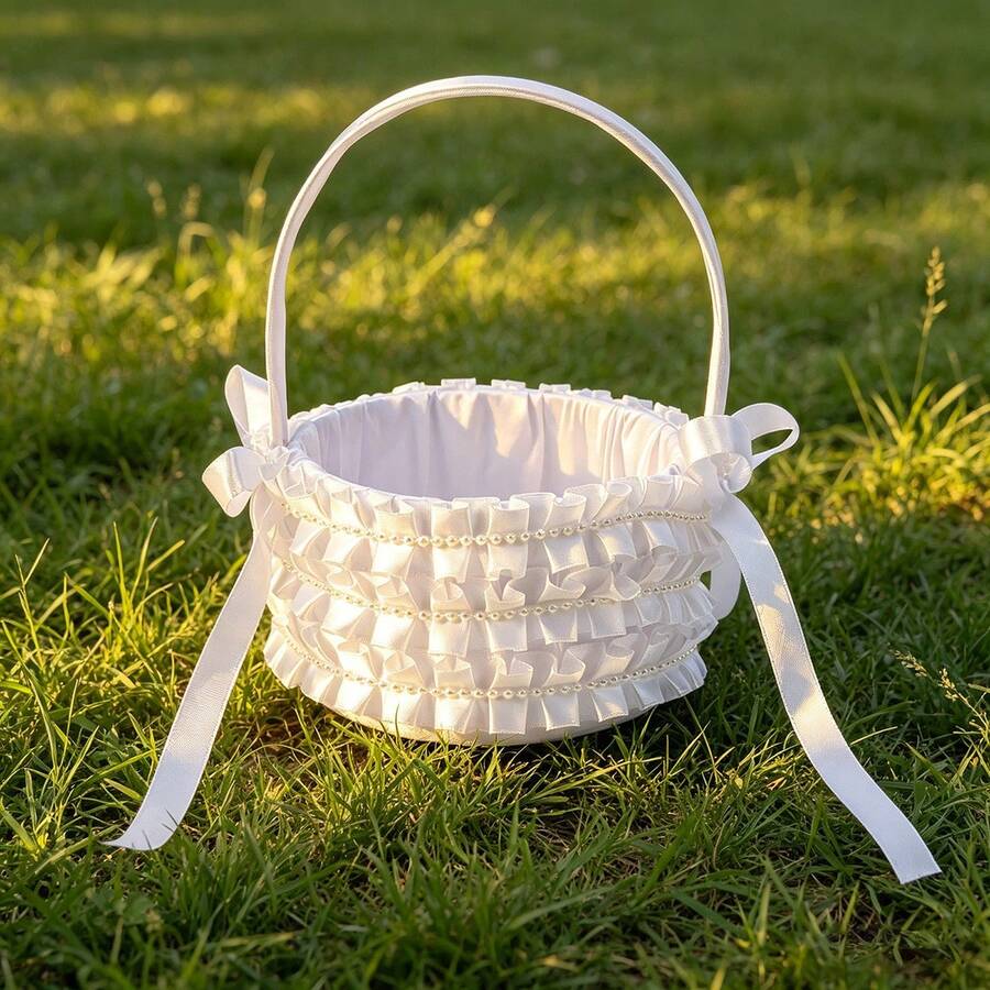 Wedding Flower Girl Baskets With Pearl Decor White Bow Flower Baskets For Wedding Ceremony - White - View 1
