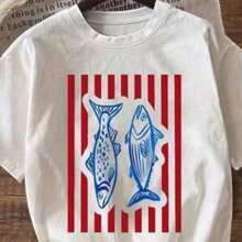 1 camiseta minimalista para mujer con estampado de pez azul, estilo infantil, 100% algodón, 180g - Blanco - Ver 3