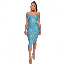 Women's Champagne-Colored Sequined Dress, Off-Shoulder Draped Design, Asymmetrical Side Slit, Stretchy Shiny Fabric Ideal For Summer Parties, Weddings As A Guest And Elegant Outdoor Dinners, Sexy Glamorous Style Perfect For Celebrations And Formal Events - 天藍色 - 查看 5