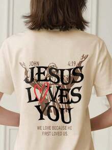 Women's Short-Sleeved T-Shirt With Round Neck And "Jesus Loves You" Print, Casual Style, Suitable For Everyday Wear, Summer White Color. - 黑色 - 查看 2
