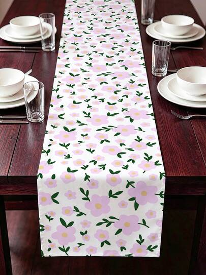 1pc Fresh Spring Floral Printed Table Runner, Cute Pink Flower & Green Leaf Pattern Decor For Party, Table, Kitchen, Summer Party, Cabinet, Furniture