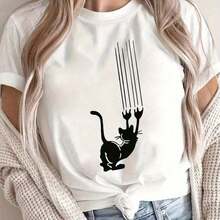 Women's Casual T-Shirt "PlayfulScratchingCat", With A Whimsical And Adorable Feline Print, High-Quality And Long-Lasting Print That Stays Vibrant, Attractive And Cute Design, Casual And Elegant Style, Ideal For Cat Lovers To Show A Unique Charm In Their Clothing. - 白色 - 查看 6