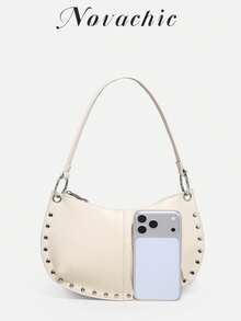 1pc Novachic 26 New Season Rivet Decor Zipper Closure Women Hobo Underarm Shoulder Bag, Suitable For Multiple Occasions - Beige - View 5