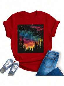 Women's Hiking T-Shirt, For Mountain, Camping, Nature, With Pine And Sunrise Print, Short Sleeve, Regular Fit, Graphic T-Shirts, Comfortable, Cotton, Roomy. - 紅色 - 查看 6