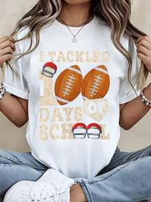White Cotton Casual T-Shirt With American Football Helmet And Goggles Print "I Faced 100 Days Of School" For School Celebration - 白色 - 查看 6