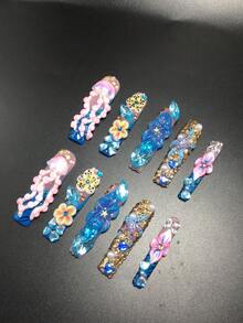 10-Piece 5.5cm Pure Handmade Coffin-Shaped Wearable Nails, Featuring Rhinestone, Jellyfish, Spotted, And Flower Decorations. A Press-On Nail Set Suitable For Women And Girls, Ideal For Valentine's Day, Parties, Holidays, And Daily Wear. Nail Accessories, Acrylic Nail Sets, Hand-Pressed Manicures, Fake Nail Stickers, And Manicure Supplies. - Multicolor - View 4