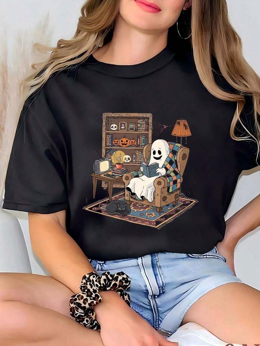 Women's Retro T-Shirt With Ghost Reading Books, Halloween Librarian Ghost, Ghost Lover T-Shirt, Halloween Teacher T-Shirt, Teacher Gift, Halloween School T-Shirt - 黑色 - 查看 1