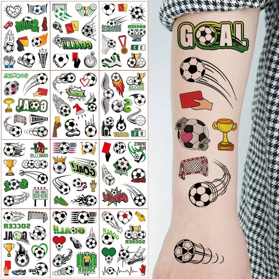 12pcs Football Pattern Temporary Tattoo Stickers, Featuring Interesting Cartoon Football Elements. Suitable For Football Fans To Use As Temporary Body, Arm And Face Makeup Tattoos - Multicolor - View 1