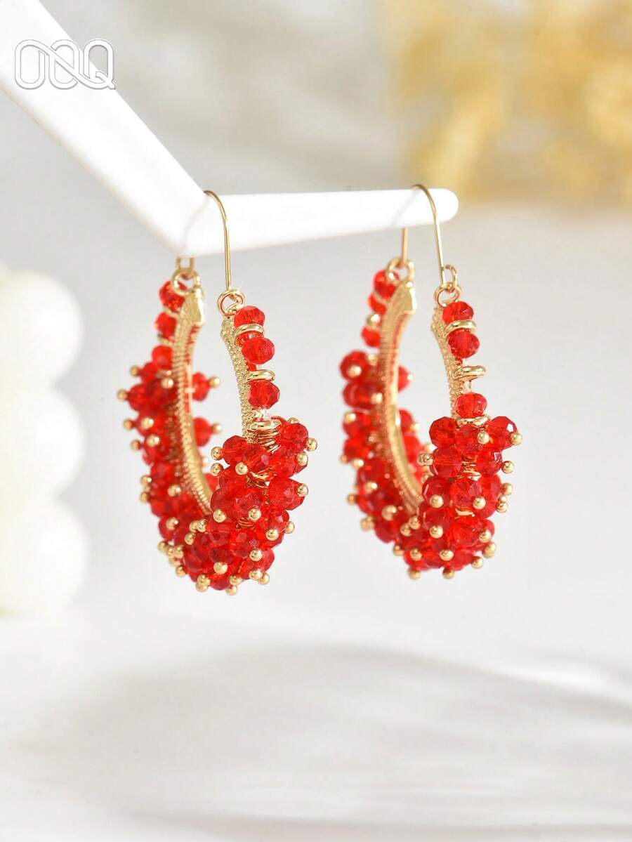 OOQ 1 Đôi bông tai đính hạt kim loại hình chữ C tối giản, thiết kế độc đáo, đa năng, thời trang, gợi cảm và thanh lịch dành cho nữ, món quà lý tưởng cho Ngày Valentine, Năm mới, Mùa cưới, Ngày của Mẹ dành cho gia đình và bạn bè (Làm thủ công bằng sợi raffia, hình dạng ngẫu nhiên) - Đỏ - Xem 1
