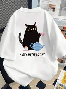 New 180g Short-Sleeved T-Shirt, 1% Cotton, With Front And Back Print - Black Cat, Mother's Day - Fashionable Printed T-Shirt For Women, Short-Sleeved, For All Seasons, Modern Clothing - Suitable For Spring And Autumn As An Inner Layer Or To Wear Alone In Summer, Unisex. - 白色 - 查看 2