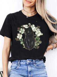 Men's Fashionable Casual T-Shirt With Round Neck For Women | Short Sleeve, Slightly Elastic Fabric, Floral Cat Print, Suitable For Daily Sports Wear, Ideal Gift For Friends And Family. - 黑色 - 查看 6