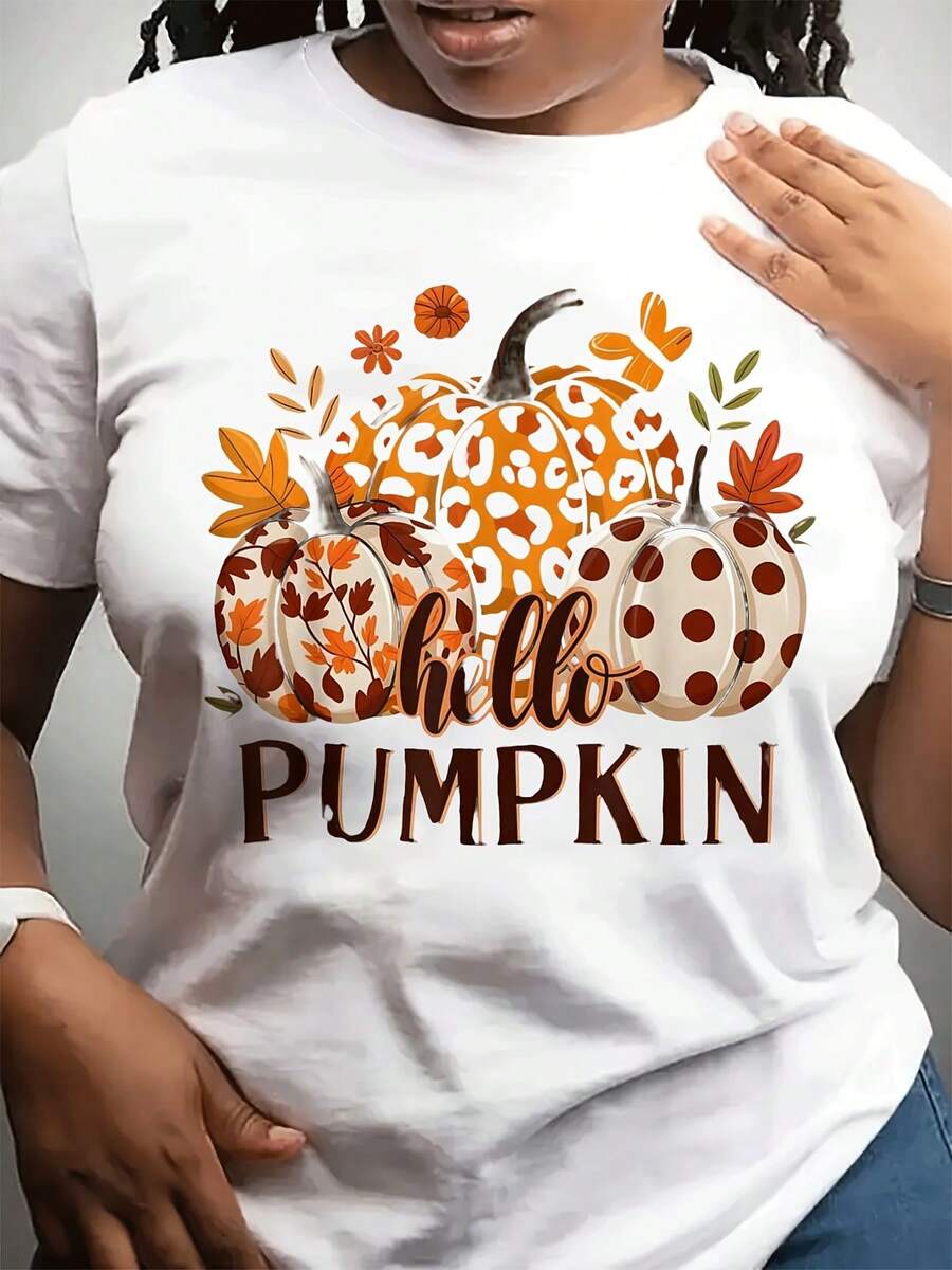 Soft, Breathable, And Lightweight For All-Day Comfort. Women's Pumpkin Print T-Shirt - Perfect For Fall, Halloween, And Thanksgiving, Featuring Autumn Leaf Designs In Orange, Brown, And Beige. Suitable For Casual Everyday Wear And Parties. Machine Washable, A Great Gift Choice For The Fall Holidays, This Comfortable Printed T-Shirt Has A Classic Crew Neck And A Relaxed Fit That Flatters All Body Types And Is Easy To Pair With Jeans, Shorts, And Leggings. - 白色 - 查看 1